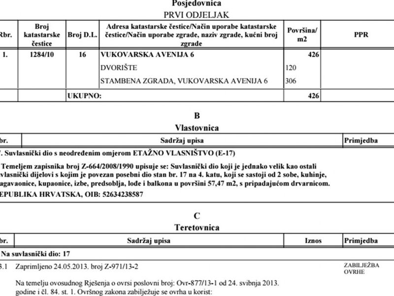 vlasnički list za stan u Vukovarskoj 6 koji je bio u vlasništvu HIRS d.d. u stečaju, a kasnije je vlasništvo upisala RH