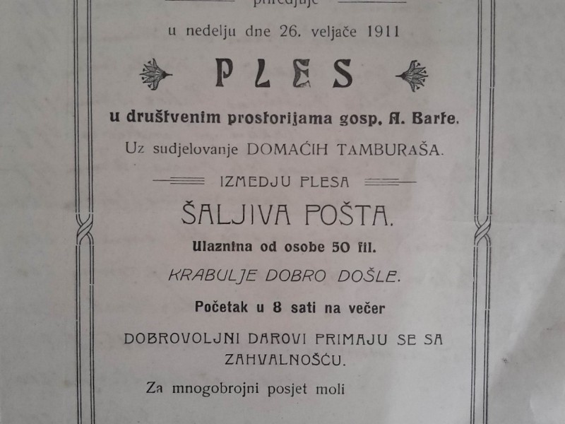 Preslika: Ples maškara u gostionici Antuna Barte u Prekopakri u nedjelju 26. veljače 1911. godine. Organizator Češka Beseda u Prekopakri